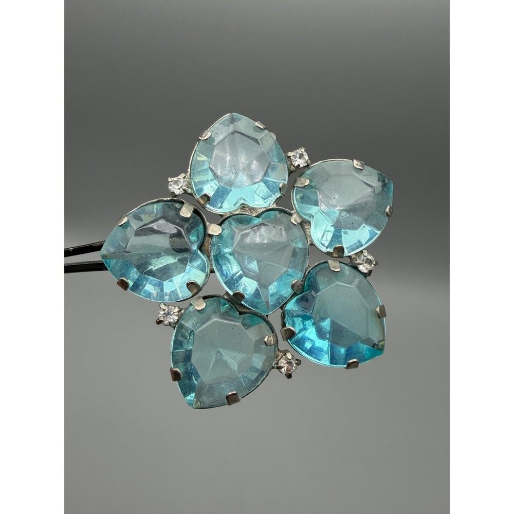 Vintage Aqua Blue Rhinestone Flower Brooch Silver Tone Large Statement Pin #1151